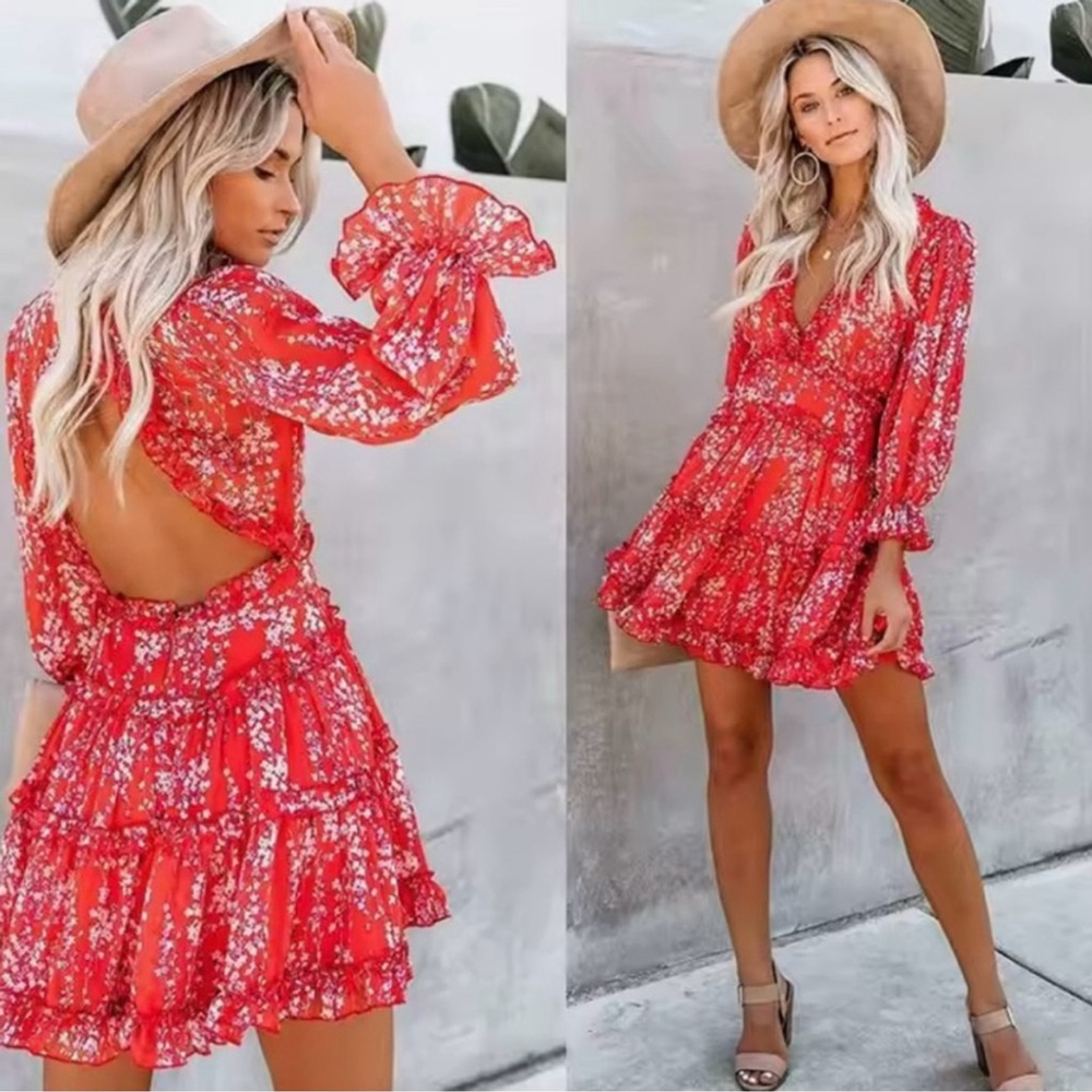 Angel Biba Red Floral Ruffle Mini Dress Open Back Sheer Sleeve Size Small